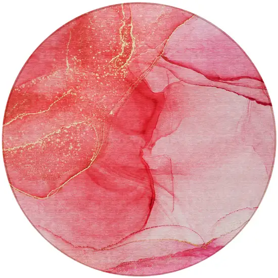 Pink Round Abstract Washable Non Skid Indoor Outdoor Area Rug Photo 5