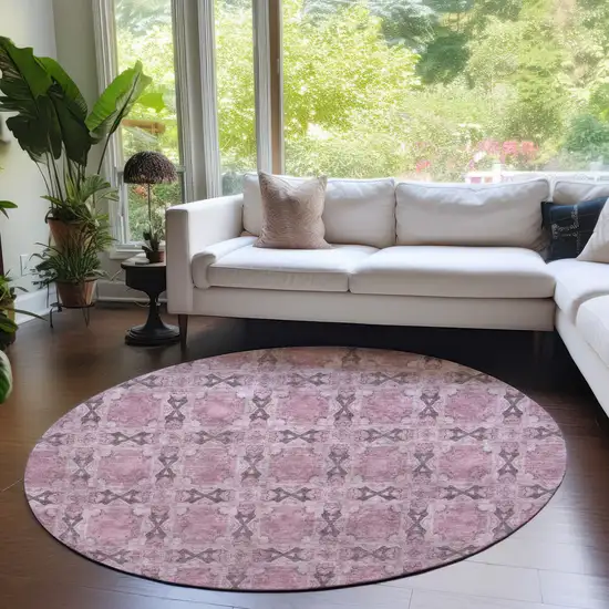 Pink Round Floral Medallion Washable Non Skid Indoor Outdoor Area Rug Photo 9