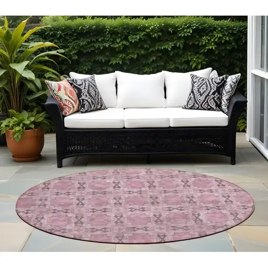 Pink Round Floral Medallion Washable Non Skid Indoor Outdoor Area Rug Photo 1