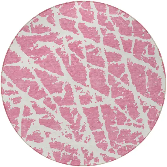 8' Round Pink and Ivory Round Abstract Washable Non Skid Indoor Outdoor Area Rug Photo 4