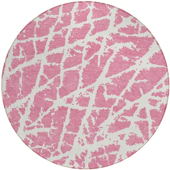 Pink and Ivory Round Abstract Washable Non Skid Indoor Outdoor Area Rug Photo 2