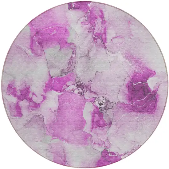 Pink and Ivory Round Abstract Washable Non Skid Indoor Outdoor Area Rug Photo 2