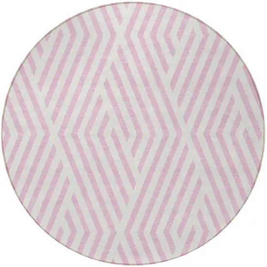 Pink and White Round Geometric Washable Non Skid Indoor Outdoor Area Rug Photo 5