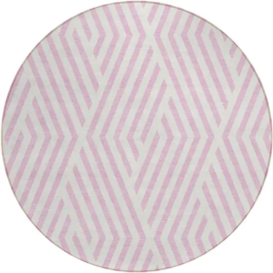 8' Round Pink and White Round Geometric Washable Non Skid Indoor Outdoor Area Rug Photo 2