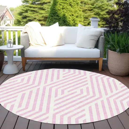 Pink and White Round Geometric Washable Non Skid Indoor Outdoor Area Rug Photo 8