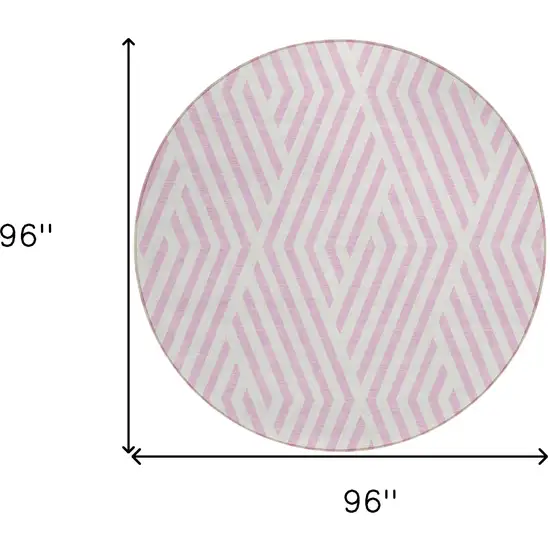 Pink and White Round Geometric Washable Non Skid Indoor Outdoor Area Rug Photo 3