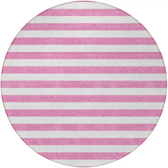 8' Round Pink and White Round Striped Washable Non Skid Indoor Outdoor Area Rug Photo 5