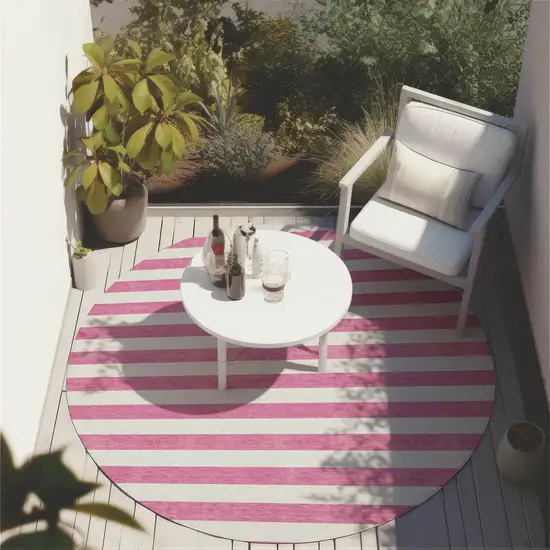 8' Round Pink and White Round Striped Washable Non Skid Indoor Outdoor Area Rug Photo 8