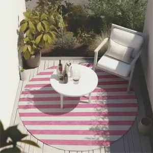 Photo of 8' Round Pink and White Round Striped Washable Non Skid Indoor Outdoor Area Rug