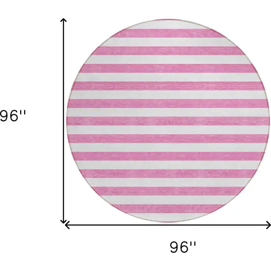 8' Round Pink and White Round Striped Washable Non Skid Indoor Outdoor Area Rug Photo 3