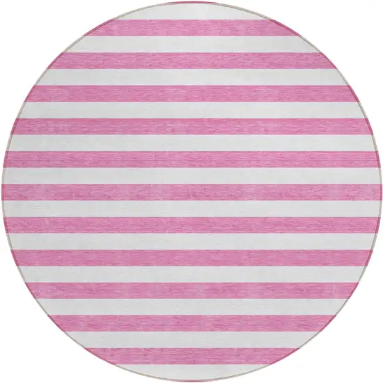 8' Round Pink and White Round Striped Washable Non Skid Indoor Outdoor Area Rug Photo 2