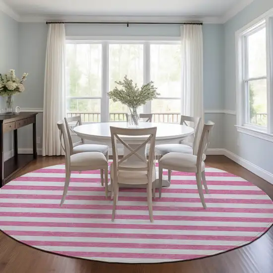 8' Round Pink and White Round Striped Washable Non Skid Indoor Outdoor Area Rug Photo 9