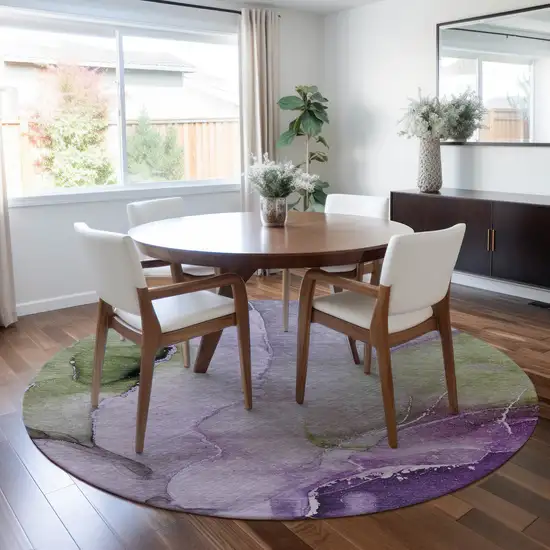 8' Round Purple Round Abstract Washable Non Skid Indoor Outdoor Area Rug Photo 8