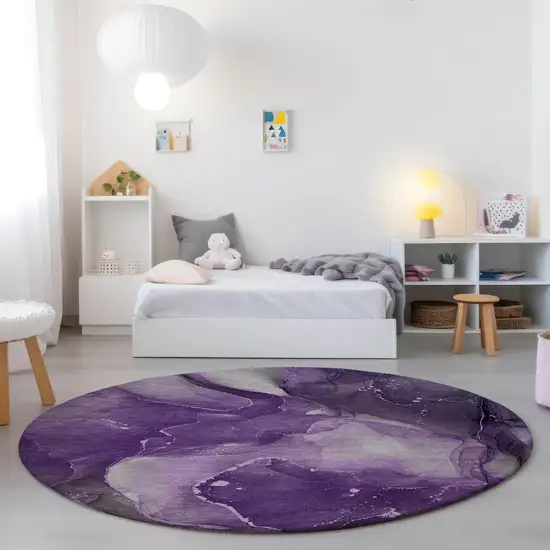 8' Round Purple Round Abstract Washable Non Skid Indoor Outdoor Area Rug Photo 9