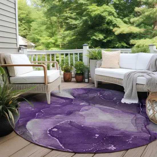 8' Round Purple Round Abstract Washable Non Skid Indoor Outdoor Area Rug Photo 8