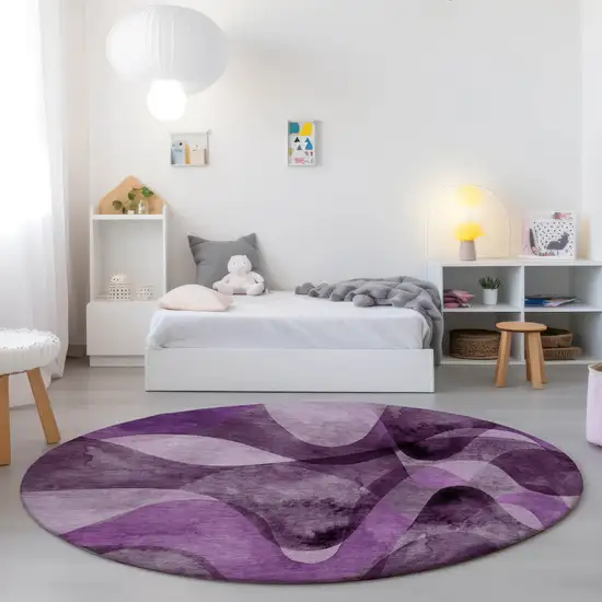 8' Round Purple Round Abstract Washable Non Skid Indoor Outdoor Area Rug Photo 7