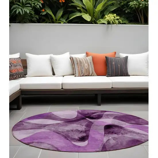 Purple Round Abstract Washable Non Skid Indoor Outdoor Area Rug Photo 1