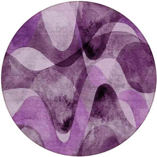 Purple Round Abstract Washable Non Skid Indoor Outdoor Area Rug Photo 2