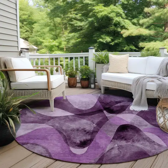 8' Round Purple Round Abstract Washable Non Skid Indoor Outdoor Area Rug Photo 6