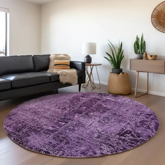 Purple Round Abstract Washable Non Skid Indoor Outdoor Area Rug Photo 9