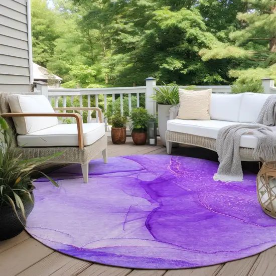 8' Round Purple Round Abstract Washable Non Skid Indoor Outdoor Area Rug Photo 8