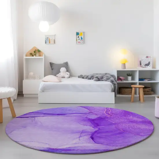 8' Round Purple Round Abstract Washable Non Skid Indoor Outdoor Area Rug Photo 9