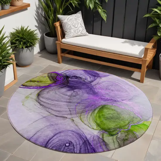 8' Round Purple Round Abstract Washable Non Skid Indoor Outdoor Area Rug Photo 1