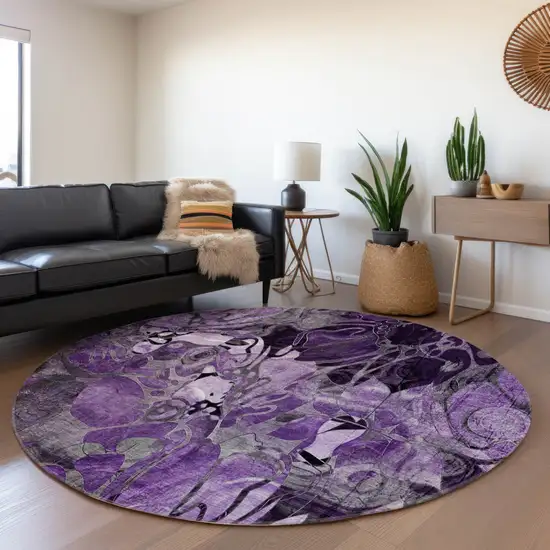 Purple Round Abstract Washable Indoor Outdoor Area Rug Photo 7