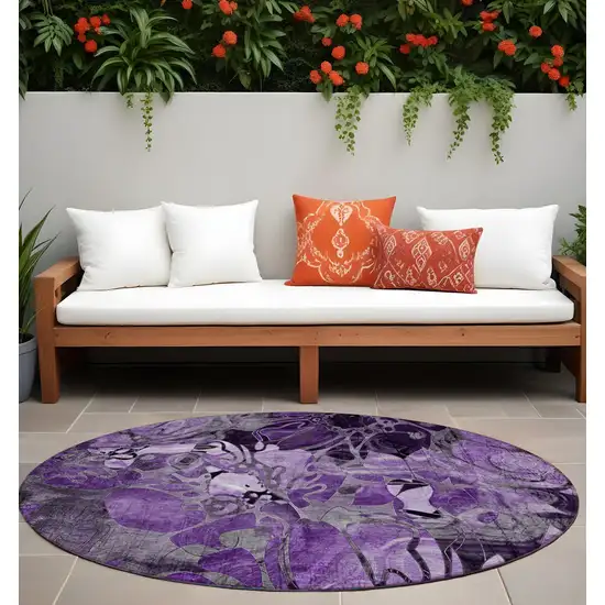 Purple Round Abstract Washable Indoor Outdoor Area Rug Photo 1