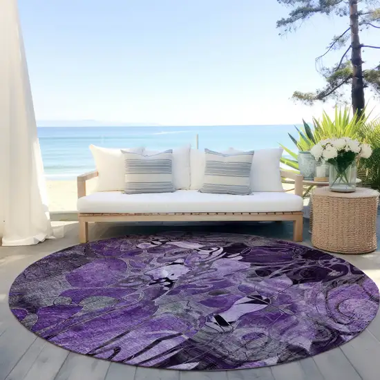 8' Round Purple Round Floral Washable Non Skid Indoor Outdoor Area Rug Photo 6