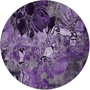 Photo of 8' Round Purple Round Floral Washable Non Skid Indoor Outdoor Area Rug