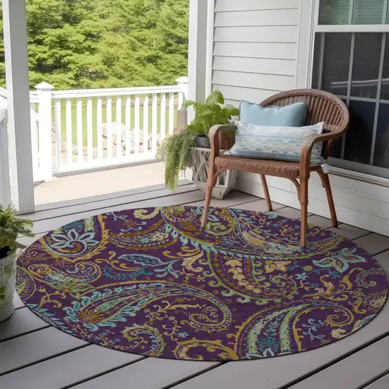 8' Round Purple Round Paisley Washable Non Skid Indoor Outdoor Area Rug Photo 7