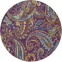 Photo of 8' Round Purple Round Paisley Washable Non Skid Indoor Outdoor Area Rug