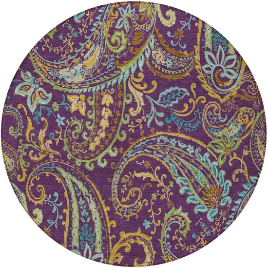 8' Round Purple Round Paisley Washable Non Skid Indoor Outdoor Area Rug Photo 3