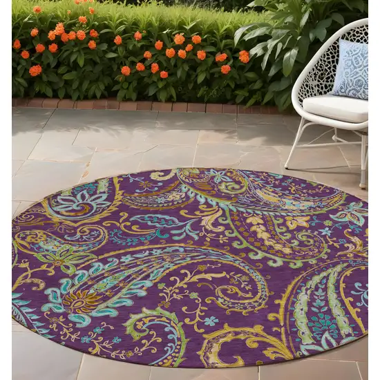 Purple Turquoise and Gold Round Paisley Washable Non Skid Indoor Outdoor Area Rug Photo 1