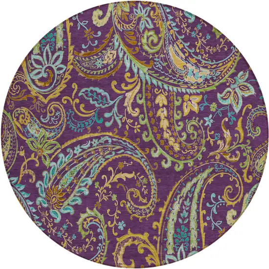 Purple Turquoise and Gold Round Paisley Washable Non Skid Indoor Outdoor Area Rug Photo 2