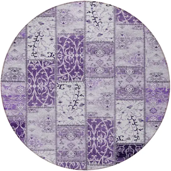 8' Round Purple Round Patchwork Washable Non Skid Indoor Outdoor Area Rug Photo 5