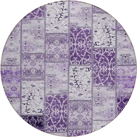 8' Round Purple Round Patchwork Washable Non Skid Indoor Outdoor Area Rug Photo 2