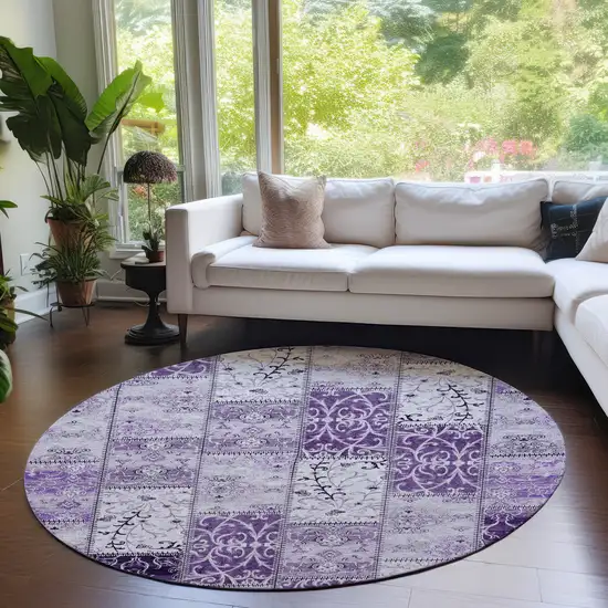 Purple Round Patchwork Washable Non Skid Indoor Outdoor Area Rug Photo 8