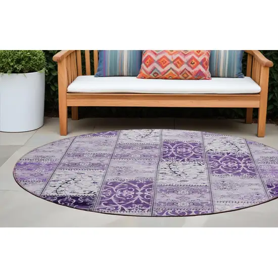 8' Round Purple Round Patchwork Washable Non Skid Indoor Outdoor Area Rug Photo 1