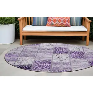 Photo of 8' Round Purple Round Patchwork Washable Non Skid Indoor Outdoor Area Rug