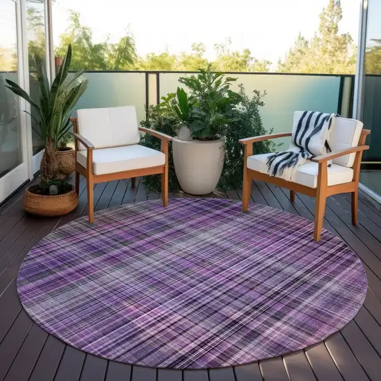 8' Round Purple Round Plaid Washable Non Skid Indoor Outdoor Area Rug Photo 8