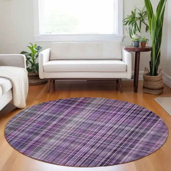 8' Round Purple Round Plaid Washable Non Skid Indoor Outdoor Area Rug Photo 9