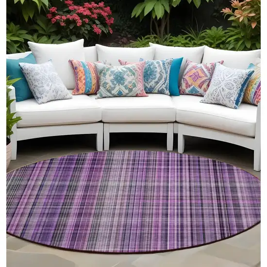 8' Round Purple Round Plaid Washable Non Skid Indoor Outdoor Area Rug Photo 1