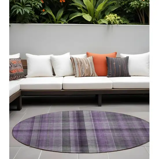 Purple Round Plaid Washable Non Skid Indoor Outdoor Area Rug Photo 1