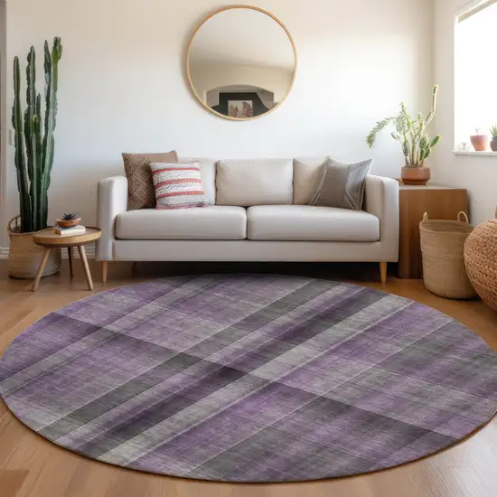 Purple Round Plaid Washable Non Skid Indoor Outdoor Area Rug Photo 9