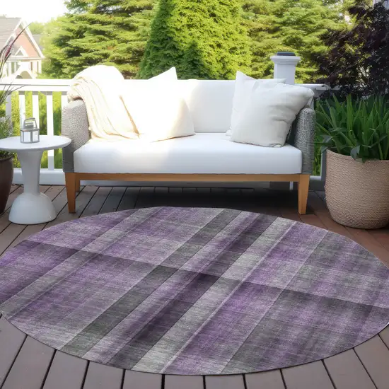 8' Round Purple Round Plaid Washable Non Skid Indoor Outdoor Area Rug Photo 8