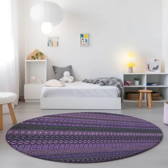 Purple Round Striped Washable Non Skid Indoor Outdoor Area Rug Photo 8