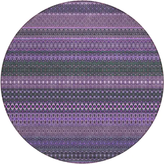 8' Round Purple Round Striped Washable Non Skid Indoor Outdoor Area Rug Photo 2