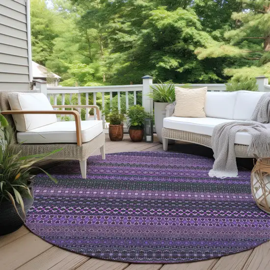 8' Round Purple Round Striped Washable Non Skid Indoor Outdoor Area Rug Photo 7